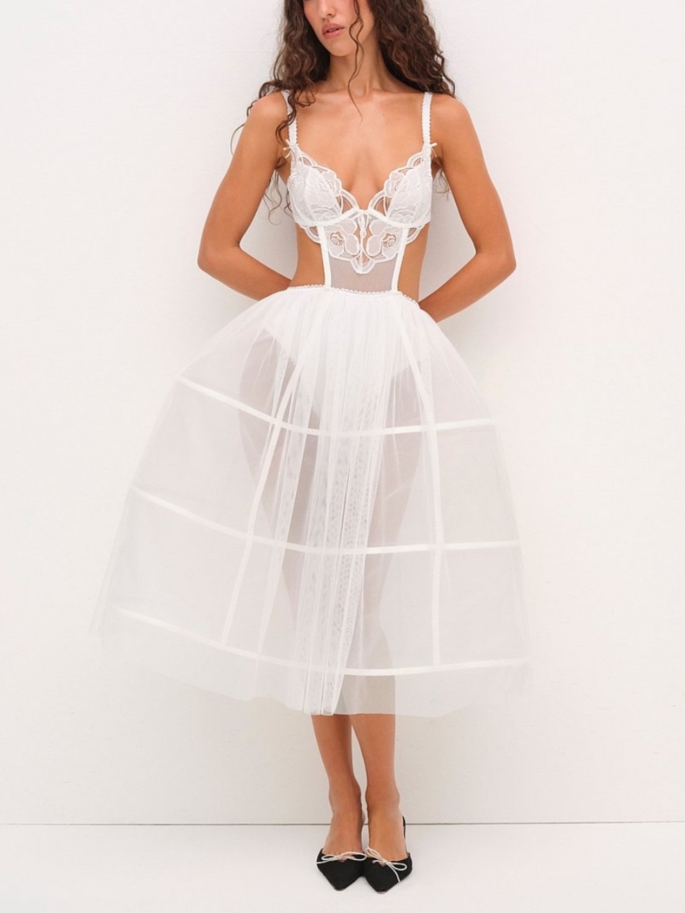 For Love And Lemons Blushing Blooms Bridal Midi Mesh Slip Dress NWT